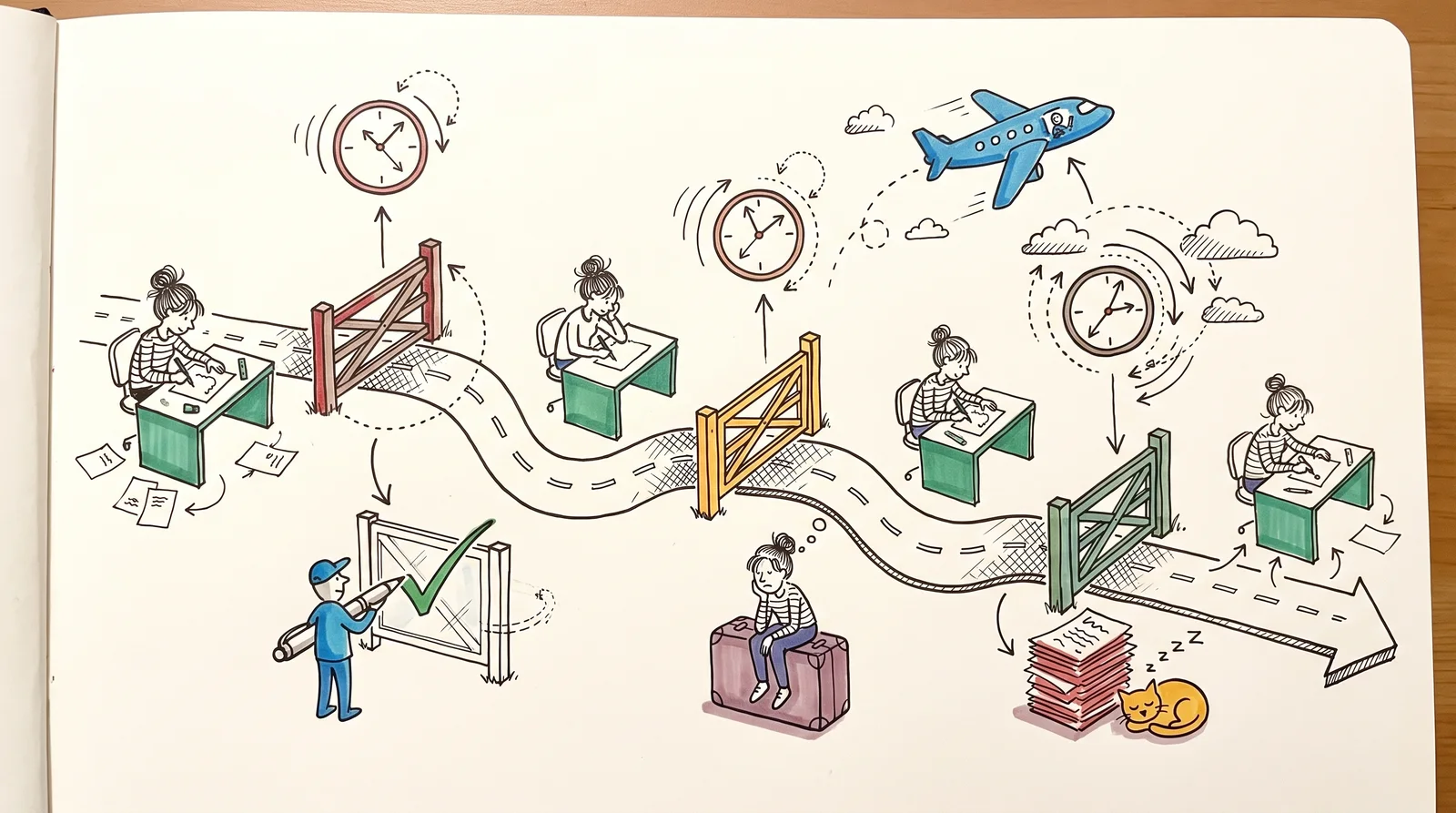 A doodle of a winding road split by three gates, with a designer working on each stretch and waiting at gates where an approver flies away and paperwork piles up.