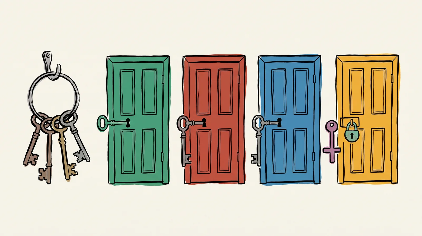 An ink drawing of a ring of old keys on a hook beside four coloured doors; three have keys in their locks and the yellow one has a padlock no key fits.
