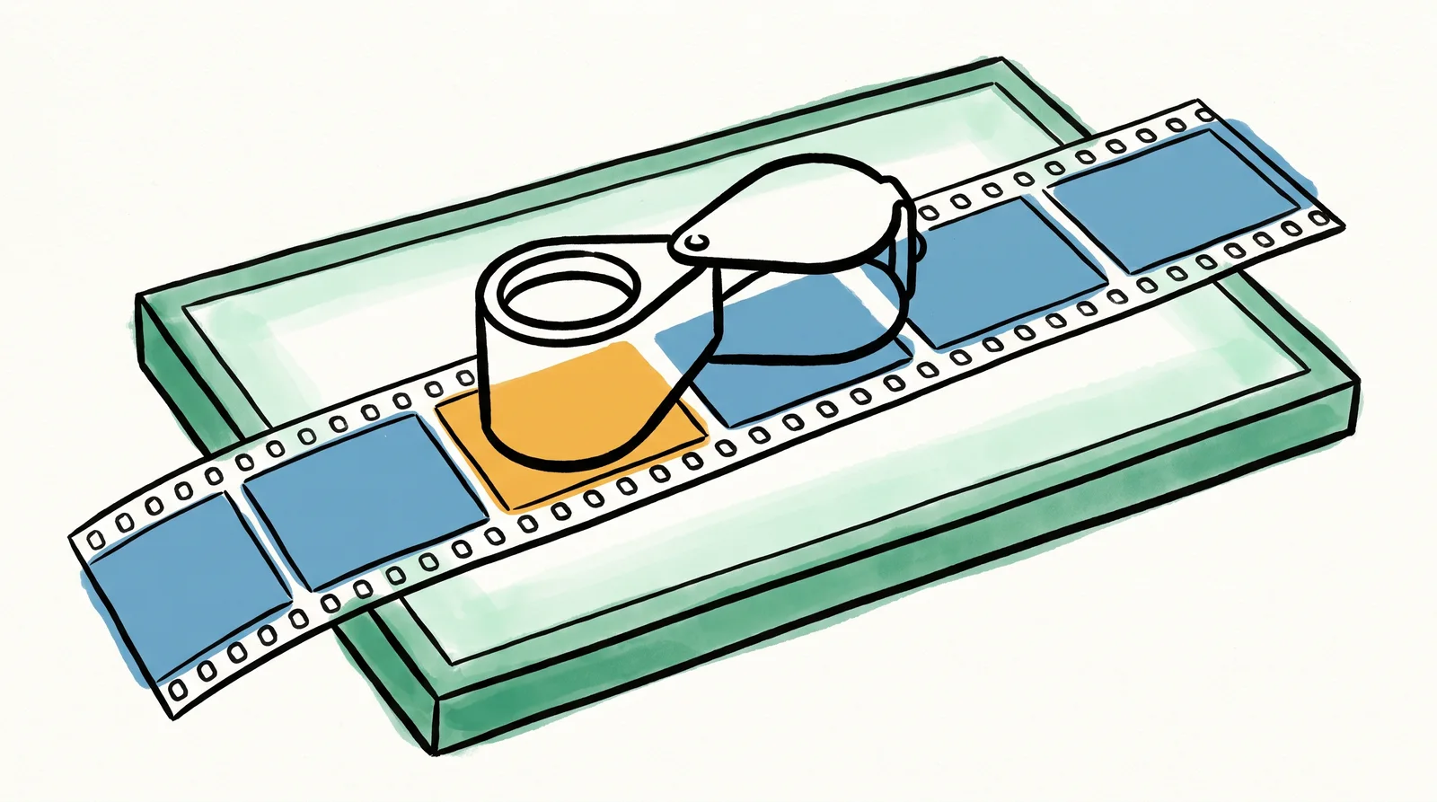 An ink drawing of a loupe resting on a strip of film on a lightbox, the frames all blue except one warm yellow frame under the loupe.