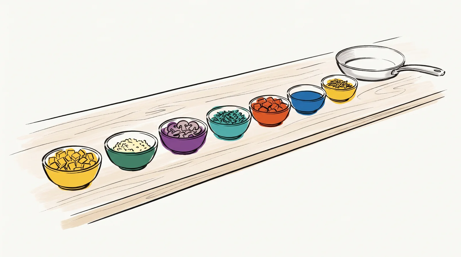 An ink drawing of seven small bowls in a row on a wooden counter, each holding one prepared ingredient, leading to a single empty pan at the end.