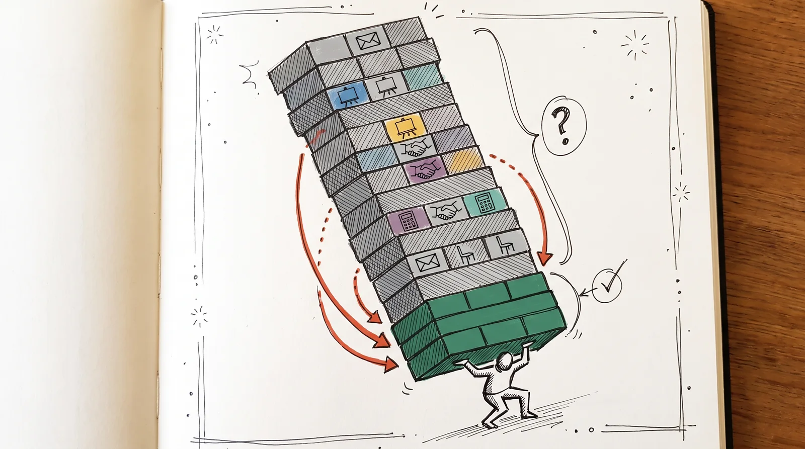 A doodle of a tower of blocks where only the bottom row is green paid work, held up by a straining figure, and the grey blocks above carry small icons for emails, pitches, selling, admin and hiring.