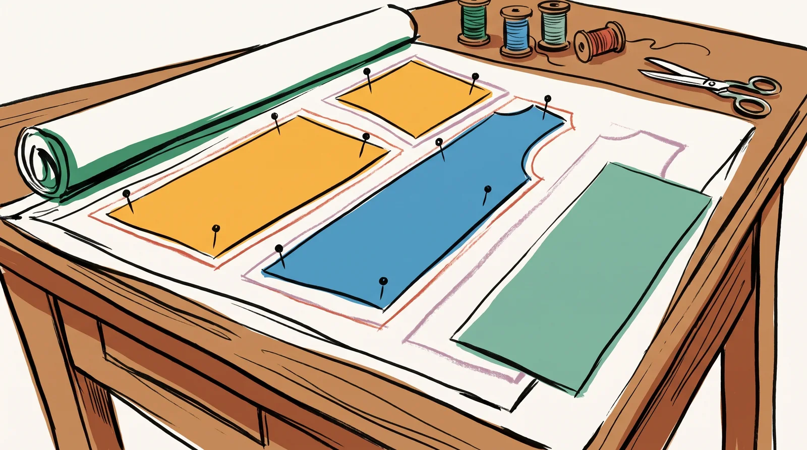 An ink drawing of a dressmaker's table with paper pattern pieces on fabric; the pinned pieces sit on their chalk lines and one unpinned piece has slid off its outline.