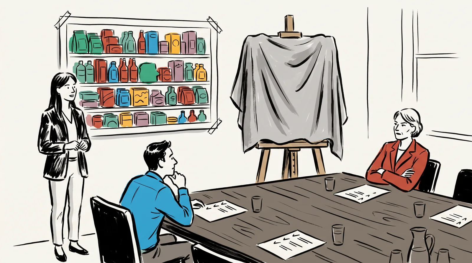 An ink drawing of a designer in a meeting room pointing at a photo of a crowded shelf, beside an easel covered with a grey cloth, while a client and the client's boss watch from the table.