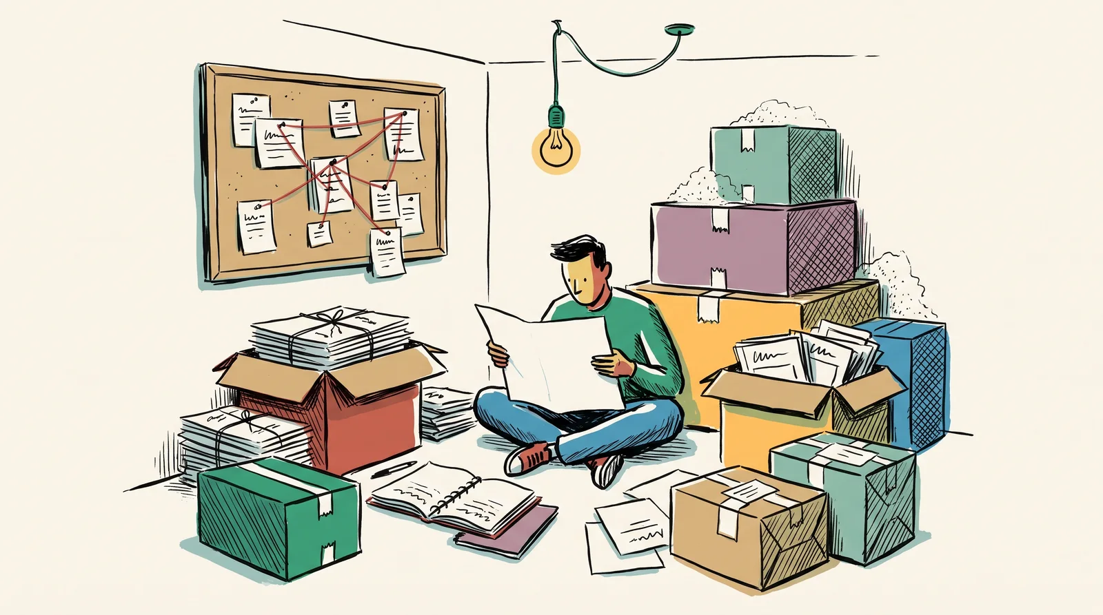 An ink drawing of a designer on a storeroom floor reading through opened boxes of printed emails, notebooks and returned parcels, next to a board of pinned slips and red string.