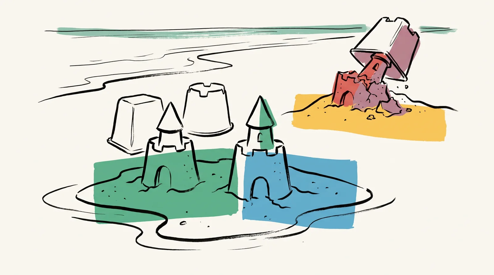 An ink drawing of sandcastles at low tide: two identical castles from moulds on wet sand, and a third on drier sand crumbling as its mould lifts.