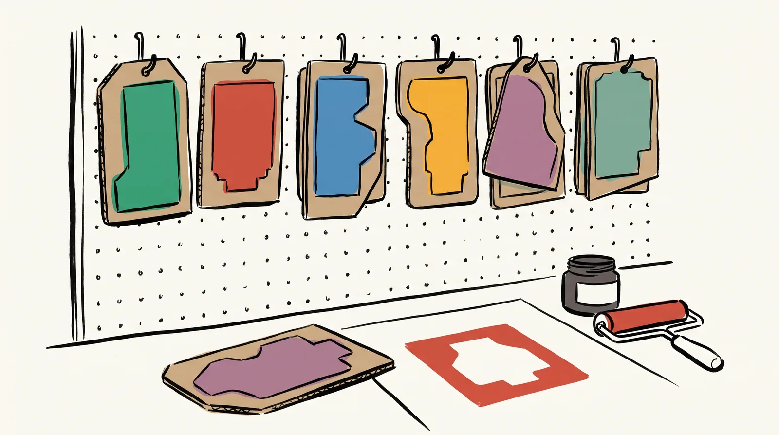 An ink drawing of a pegboard hung with cardboard stencils in different shapes, one stencil lying on paper beside a clean red print of its shape and an ink roller.