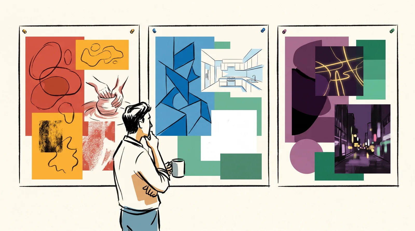 An ink drawing of a client looking at three moodboards on a studio wall, one warm and earthy, one cool and geometric, one dark and nocturnal.