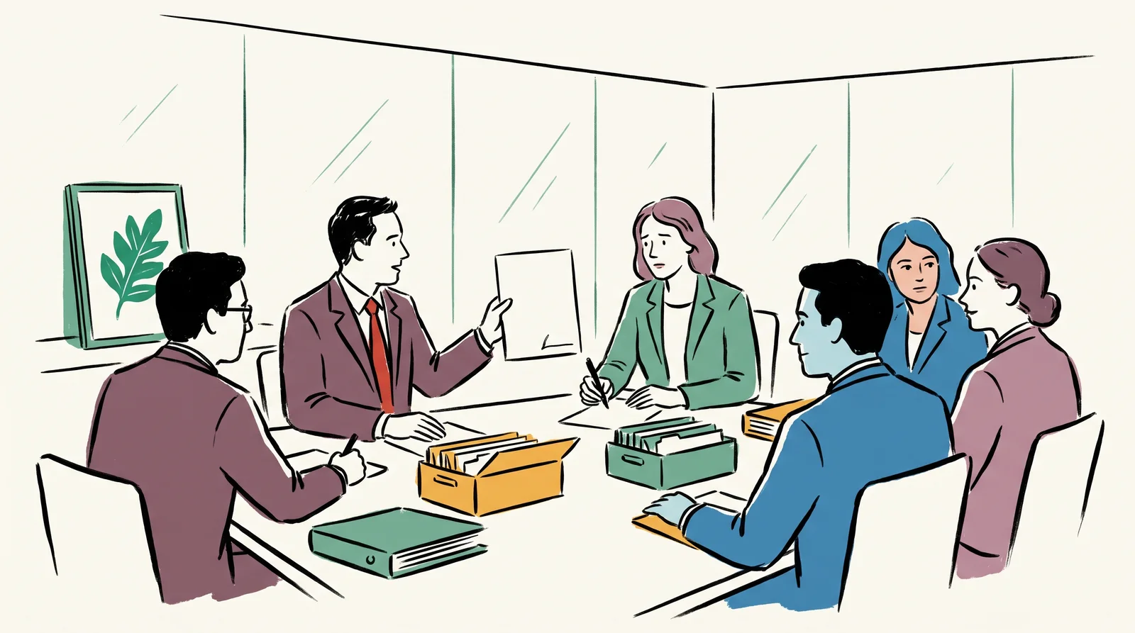 An ink drawing of lawyers around a boardroom table where one holds up a page with an empty signature line towards a startled founder, with a framed leaf logo leaning against the wall.