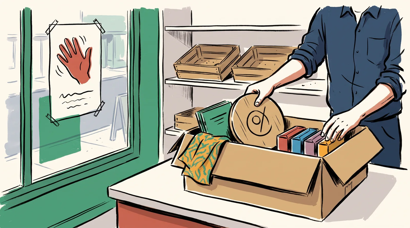An ink drawing of a shop worker placing an old circle-mark sign, a pattern sample, a guideline booklet and sample packs into an archive box, with near-empty shelves and a thank-you poster in the window.