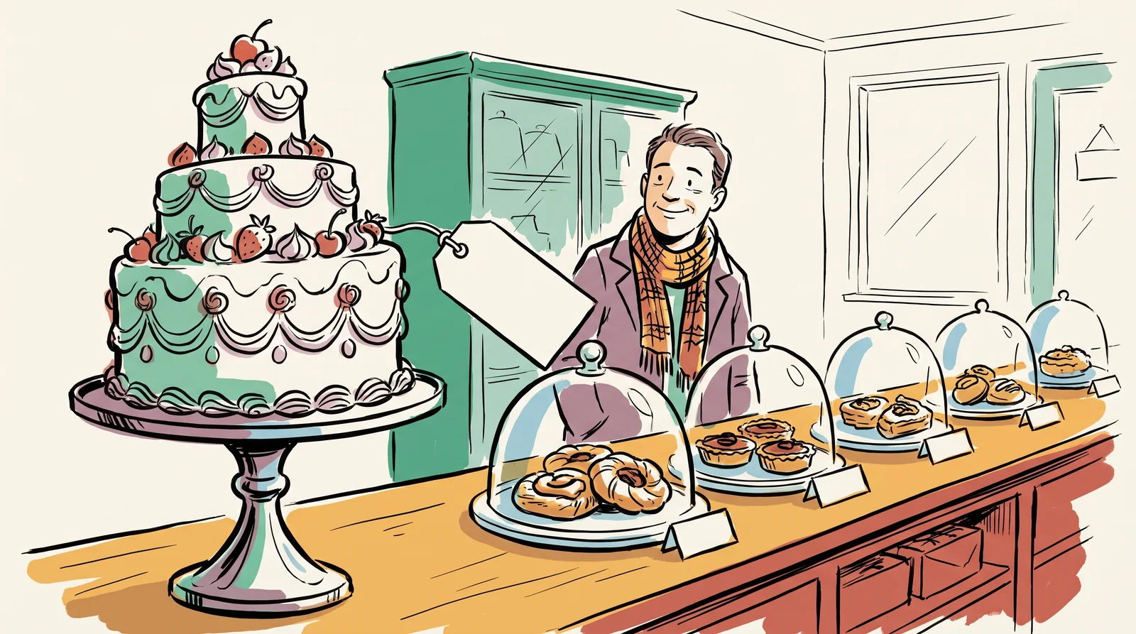 An ink drawing of a bakery counter with a huge tiered cake on a tall stand at the front and a row of small pastries further along, a customer looking from one to the other.
