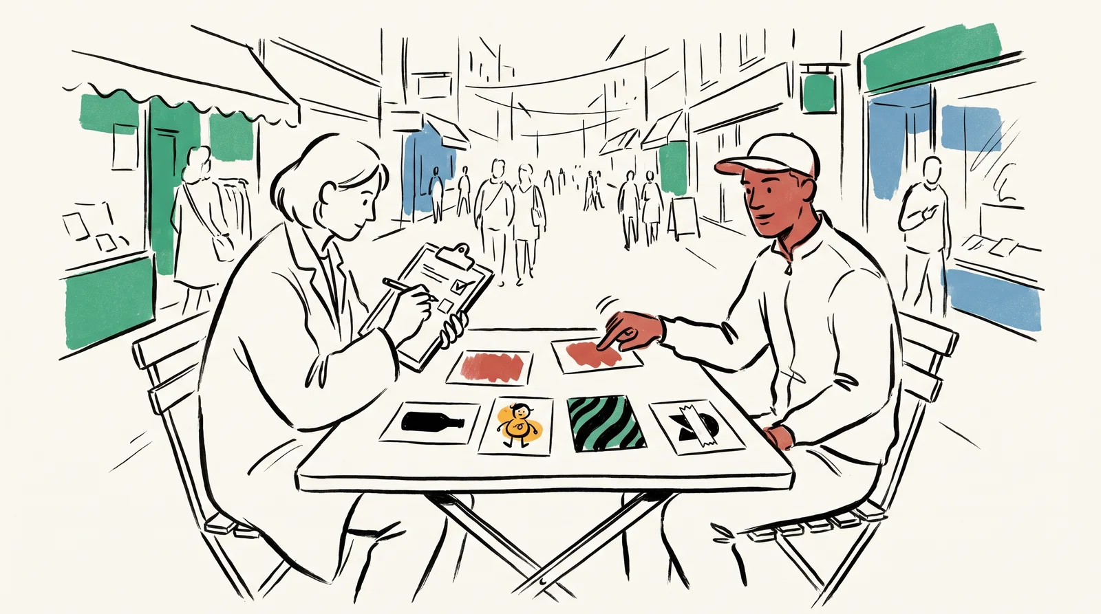 An ink drawing of a researcher at a street table showing a passer-by cards of a colour swatch, a bottle silhouette, a character, a pattern crop and a taped-over logo, the passer-by pointing at the orange swatch.
