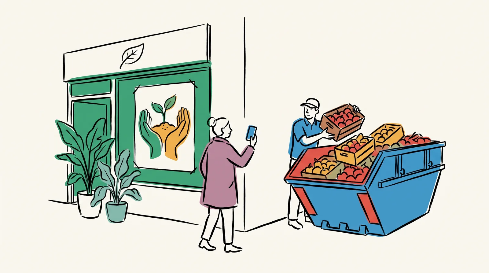 An ink drawing of a shop window showing hands holding a seedling, while round the side of the same building a worker tips fruit into a skip and a passer-by watches with a phone.