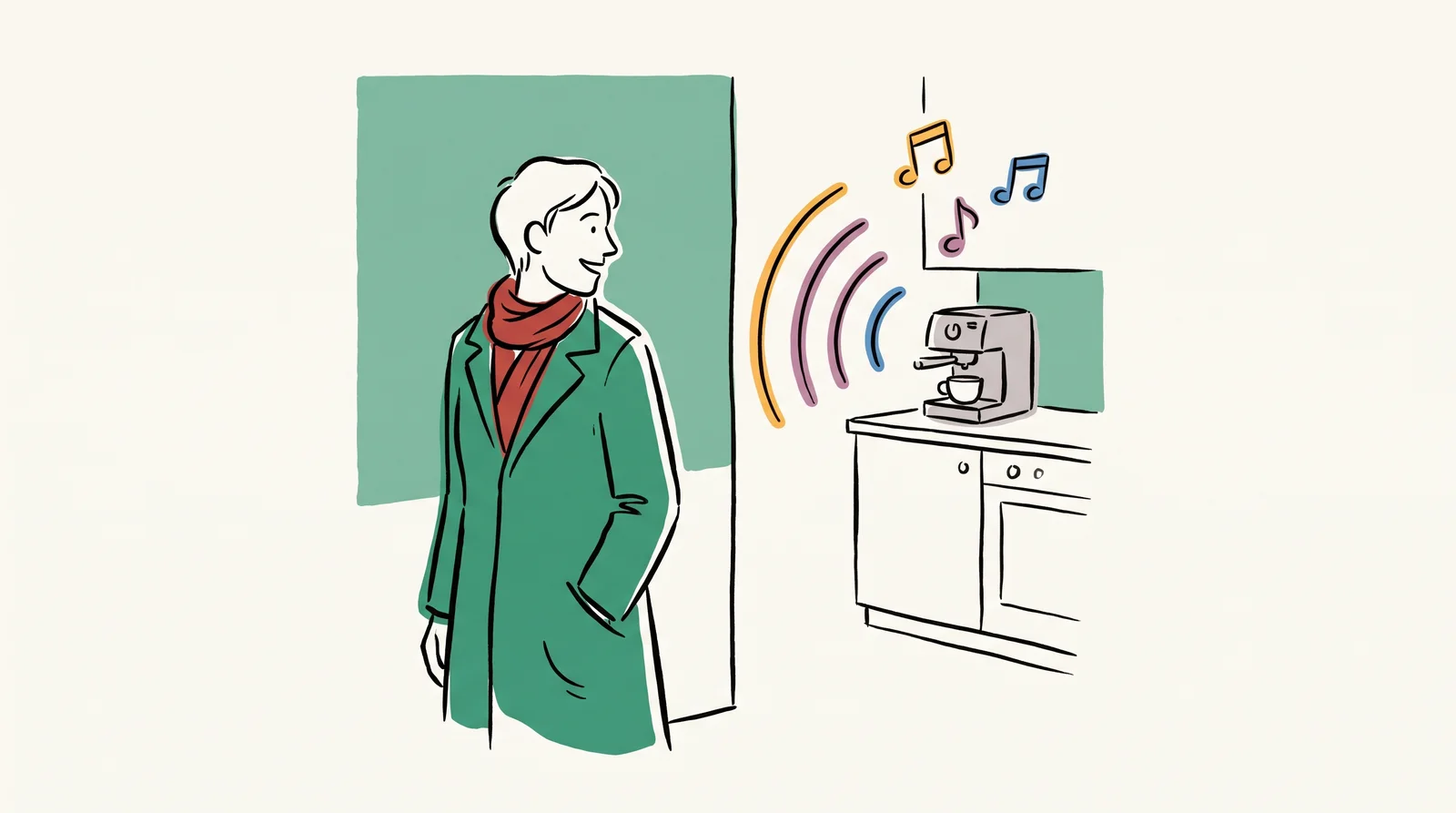 An ink drawing of a person in a hallway turning their head and smiling as a coffee machine in the kitchen behind them chimes, drawn as curved sound lines and notes.