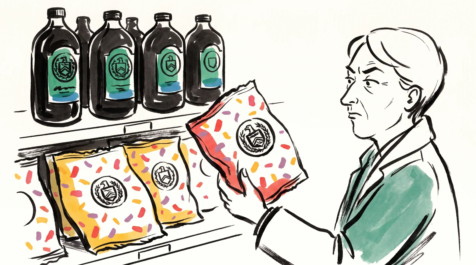 An ink drawing of a shopper frowning at a bright party snack bag that carries the same crest as the dark premium oil bottles on the shelf above.