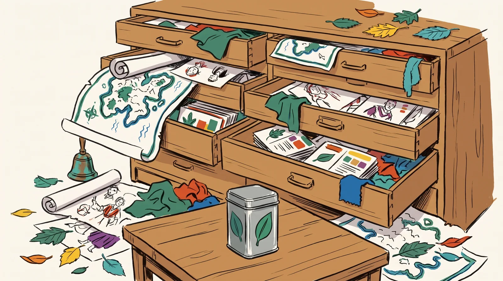 An ink drawing of a small tea tin in front of a wooden plan chest with every drawer open, full of maps, sketches, recipe cards, swatches, a bell and pressed leaves in the same colours.