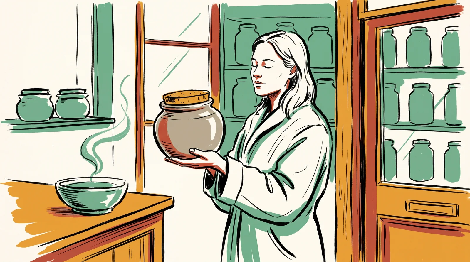 An ink drawing of a woman inside a shop with her eyes closed, weighing a heavy stoneware jar in her palm as a curl of scent drifts from a bowl of dried herbs on the counter.