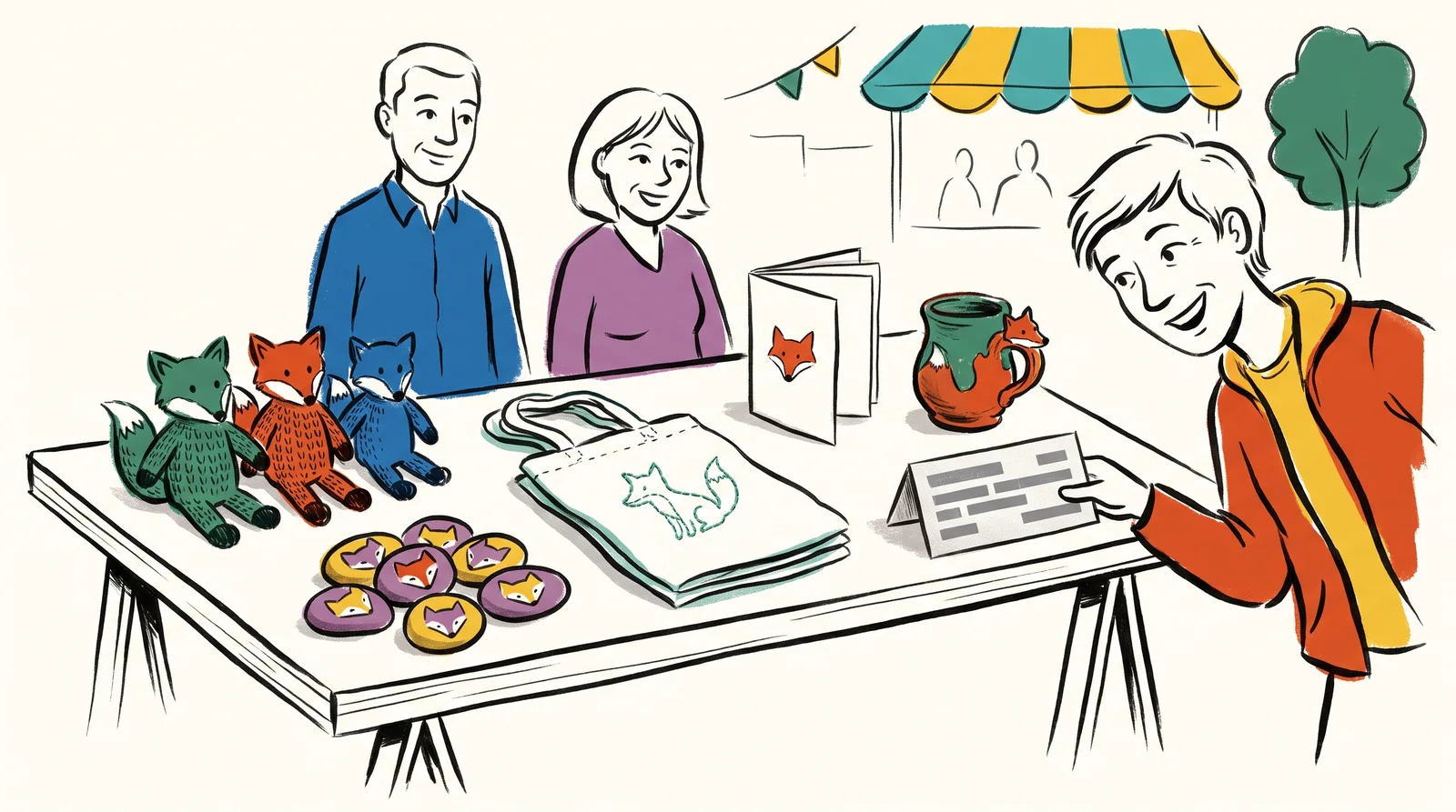 An ink drawing of a fair table full of fan-made fox knits, pebbles, bags, booklets and mugs, with a smiling brand staff member propping up a small permission card.