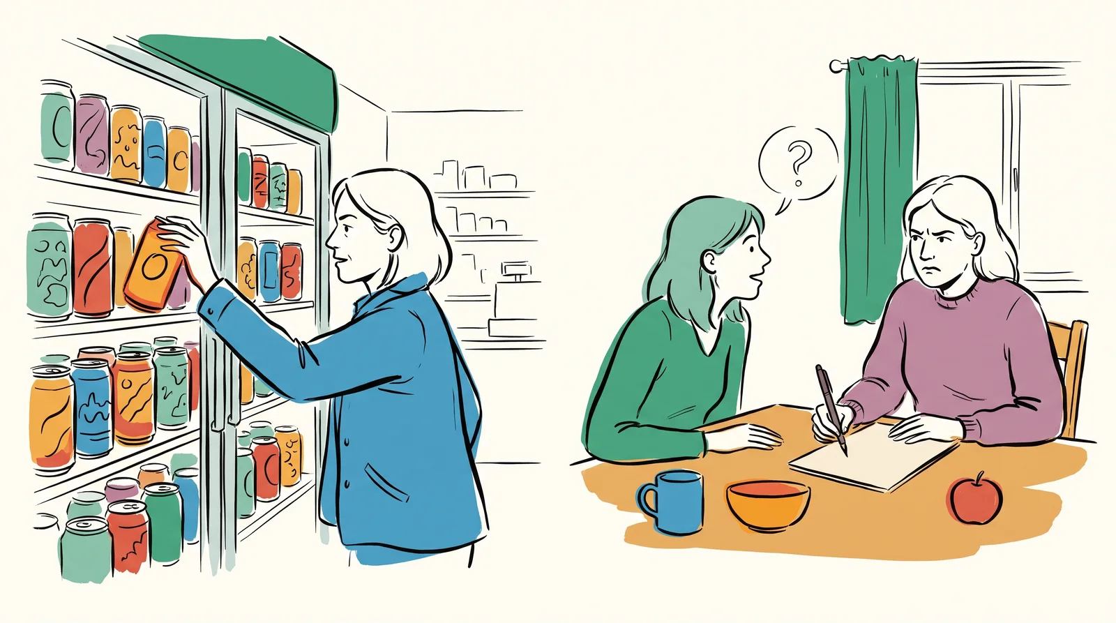 An ink drawing in two panels of a woman reaching straight for an orange can in a shop fridge, and the same woman at a kitchen table frowning over a blank notepad.