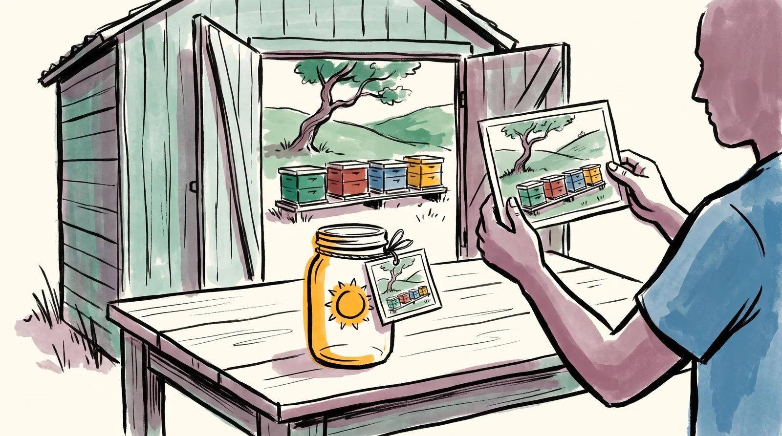 An ink drawing of a honey jar on a farm stand with a small photograph of a hillside tied to it, and the same hillside with hives and a crooked tree visible through the shed door behind.