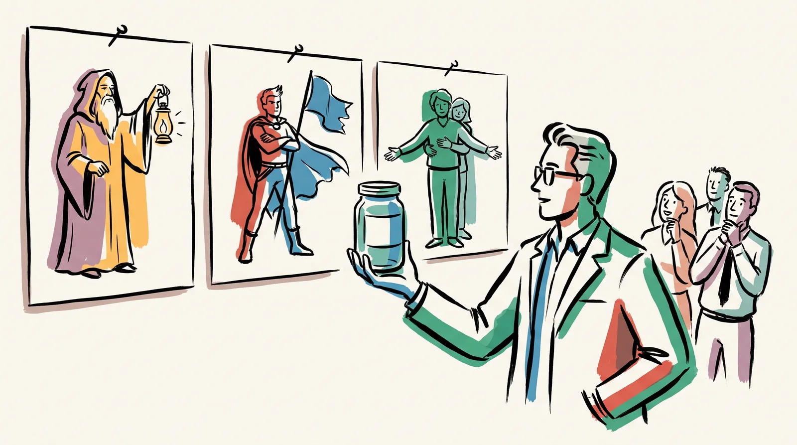 An ink drawing of a strategist holding a plain jam jar beside three character cards on a wall, a figure with a lamp, a rebel with a flag and a carer with open arms, while colleagues watch.