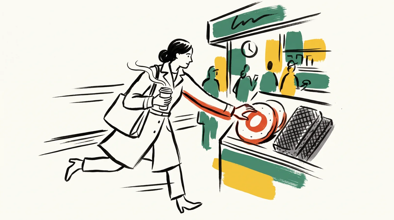 An ink drawing of a commuter at a station kiosk grabbing a boldly marked snack without looking while a pack covered in dense small print sits untouched beside it.