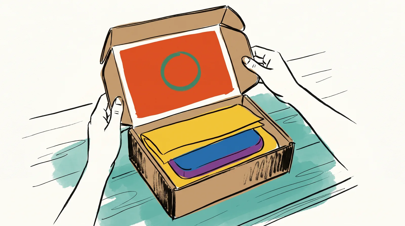 An ink drawing from above of two hands opening a plain brown box whose inside lid is printed with a bright colour block and circle mark, with tissue and a snugly fitted product inside.