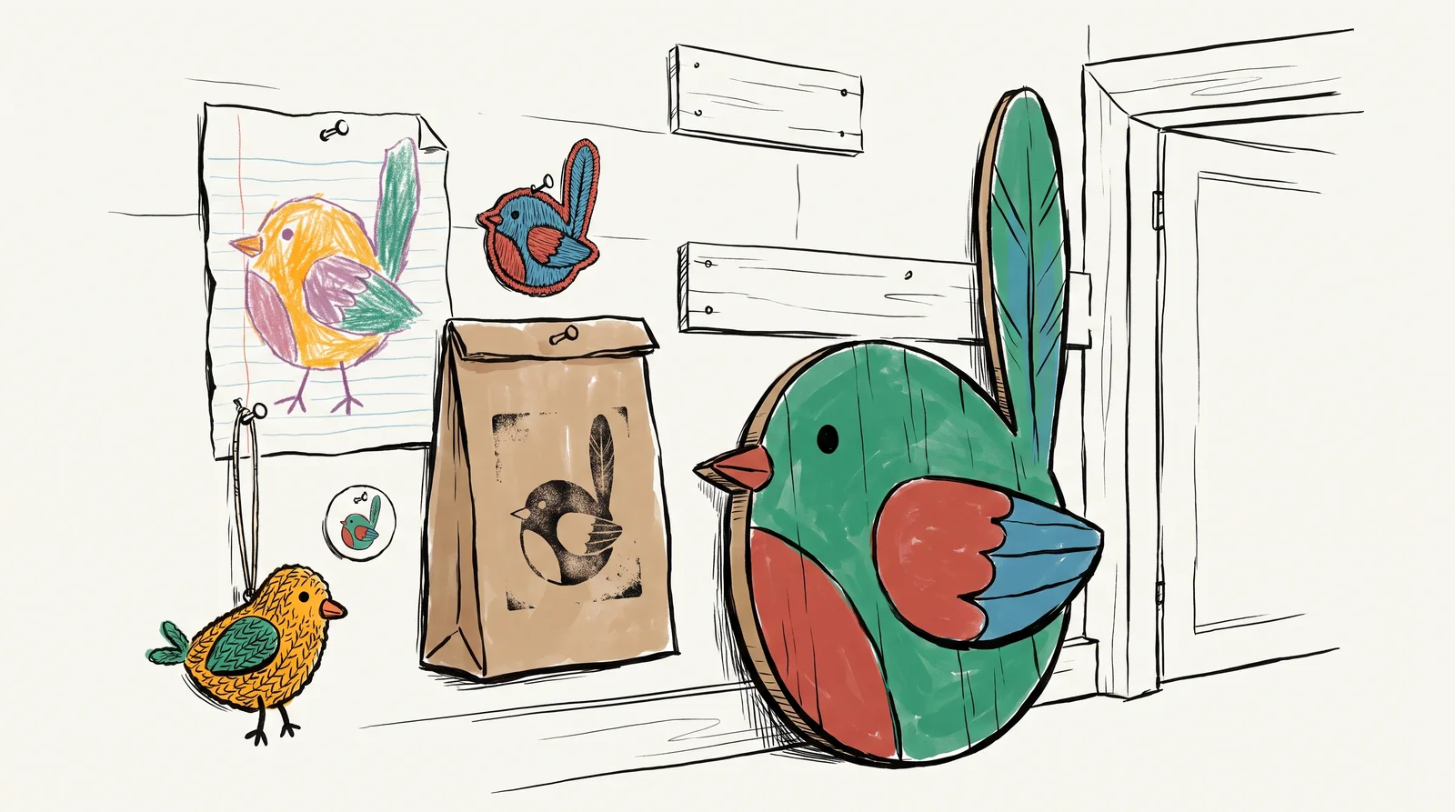 An ink drawing of a shop wall covered in versions of one round bird mascot with a tall feather, as a crayon drawing, a patch, a stamp, a sticker, a knitted toy and a large cut-out.