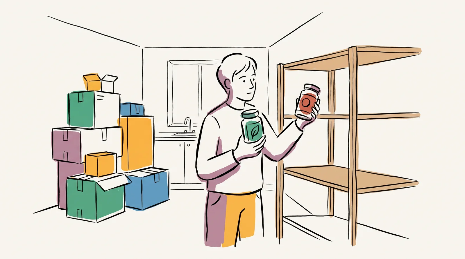 An ink drawing of a person in a new kitchen full of moving boxes, holding two different coffee jars at a bare shelf and deciding between them.