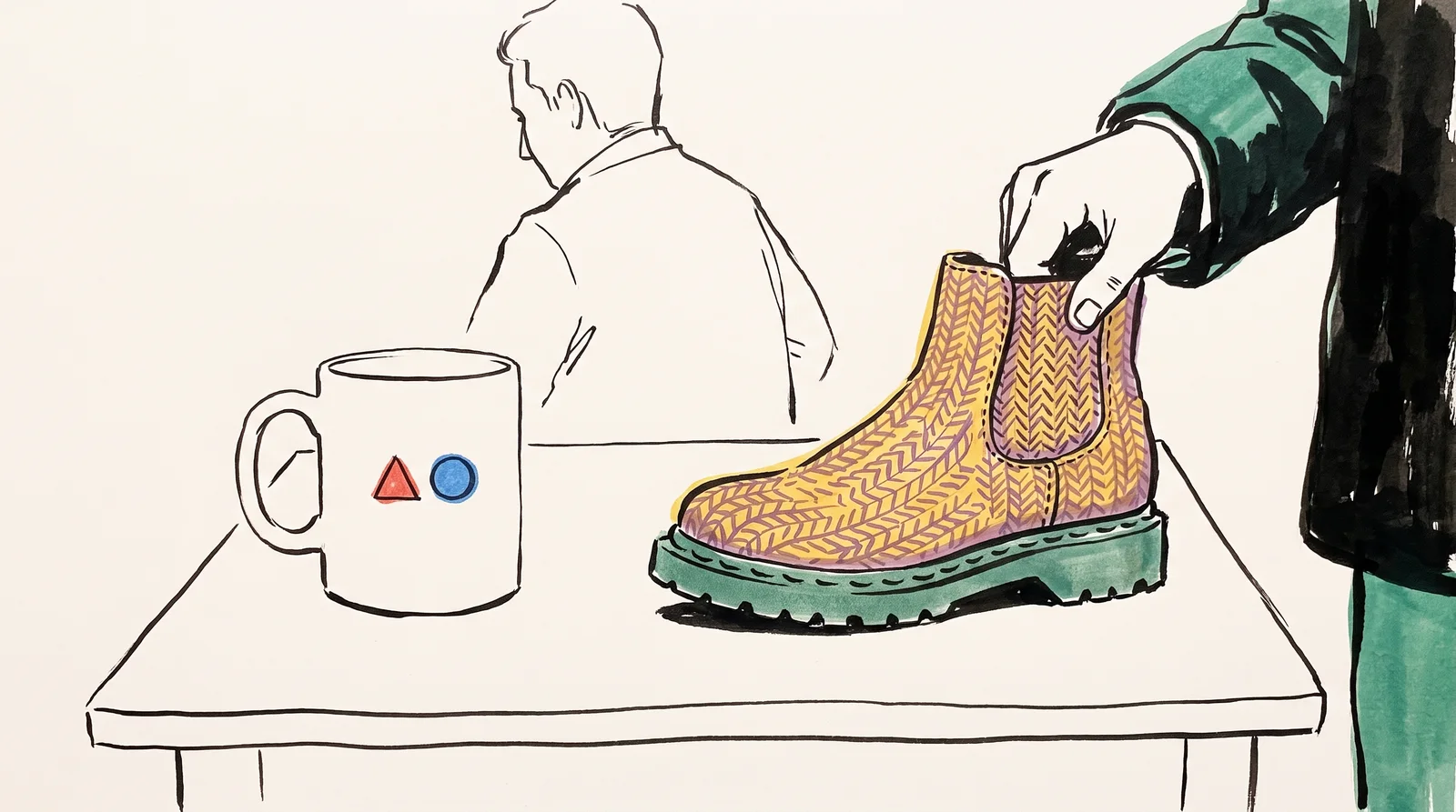 An ink drawing of a shop table holding a plain mug with two marks side by side and a boot with a woven upper and stitched sole, a customer picking up the boot.