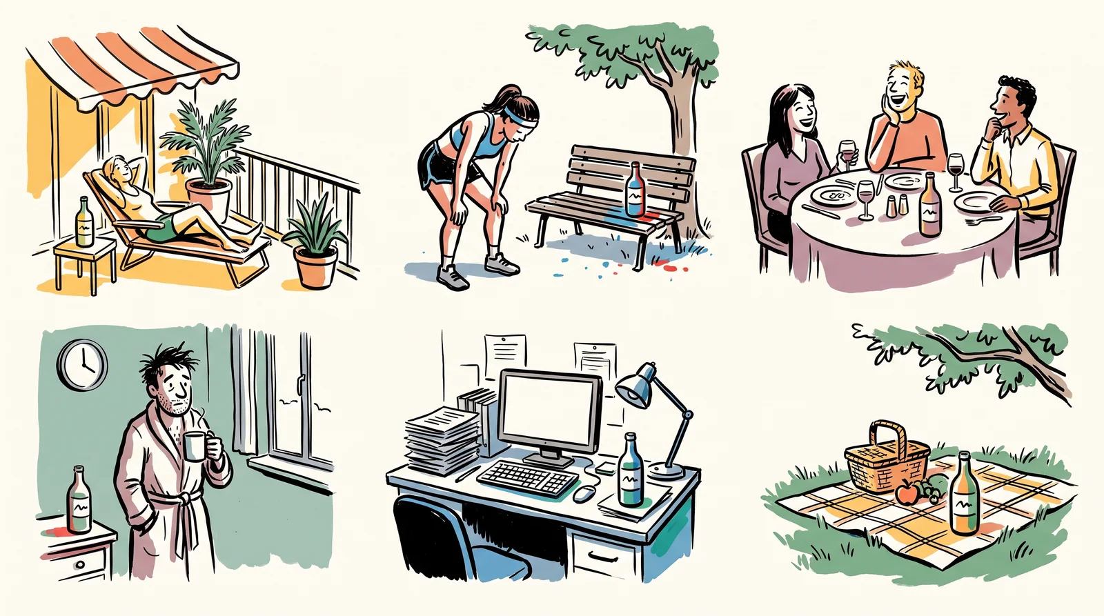 An ink drawing of six small scenes, a balcony, a run, a dinner, a tired morning, a desk and a picnic, each with the same small bottle carrying a wave mark.