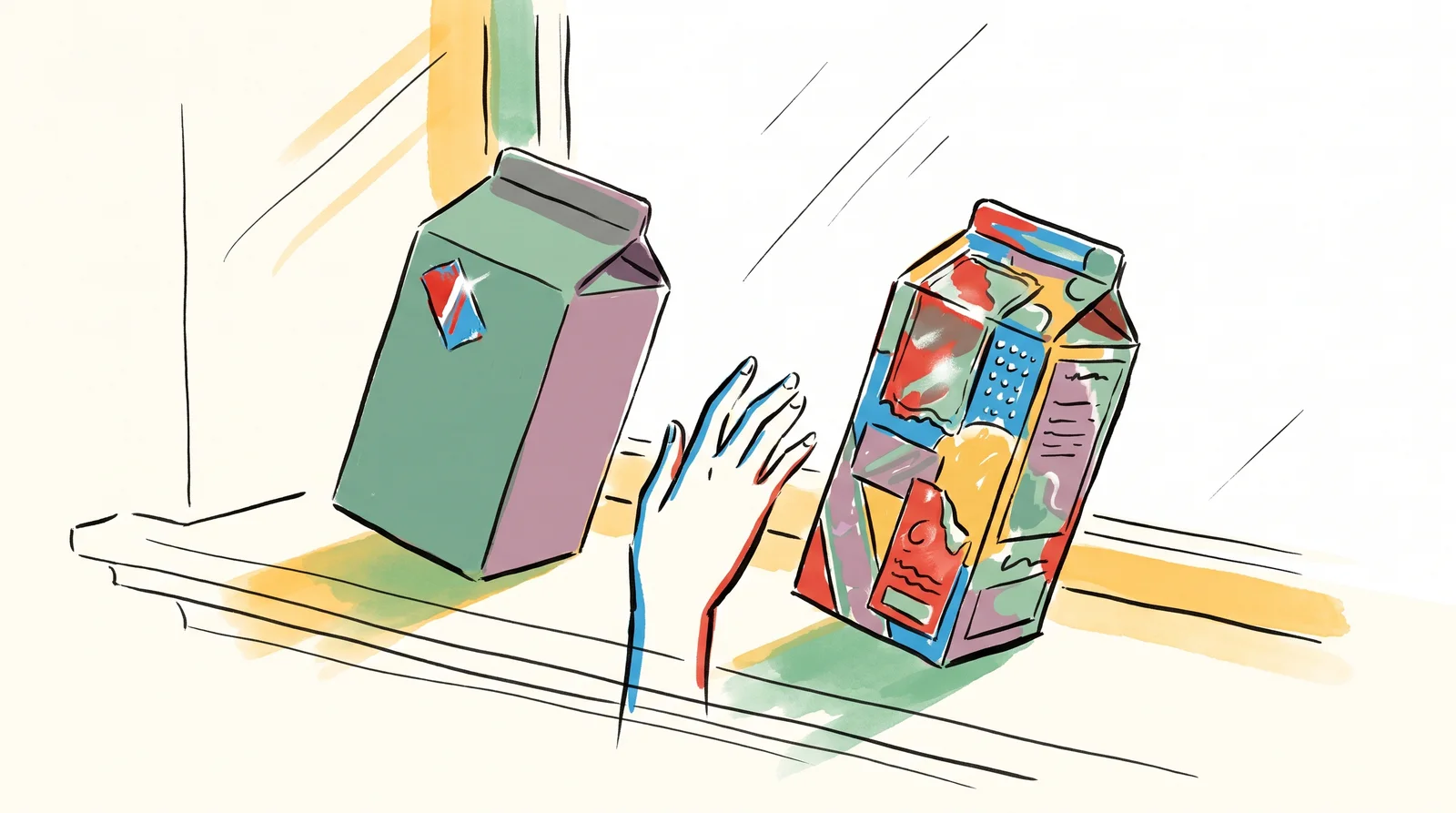 An ink drawing of two cartons on a sunny windowsill, one matt with a single glinting foil circle and one covered in foil, embossing and gloss that glares all over.