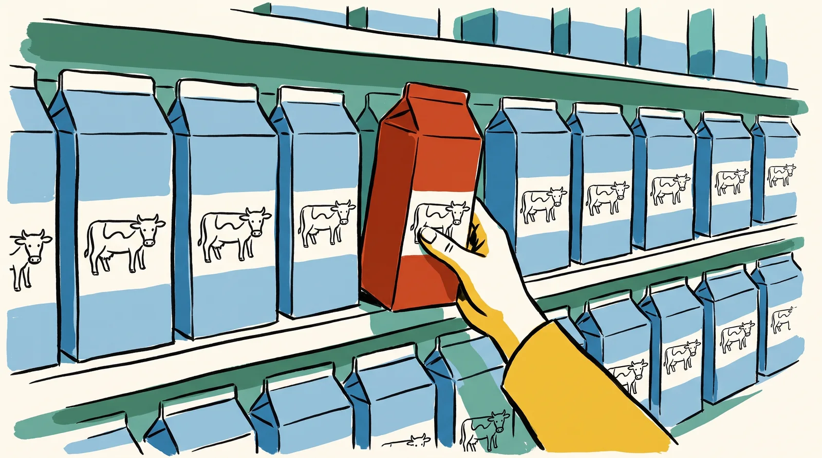 An ink drawing of a dairy shelf of white and pale blue milk cartons with one identical carton in deep terracotta red, a hand reaching for it.