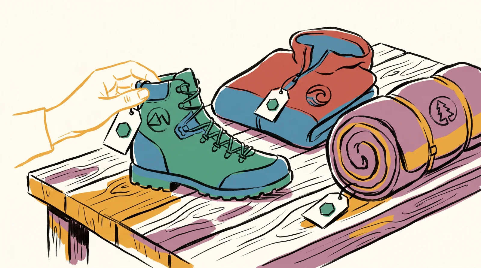 An ink drawing of a rain jacket, a hiking boot and a sleeping bag from different makers on a table, each hung with the same small hexagon swing tag, one being lifted by a hand.