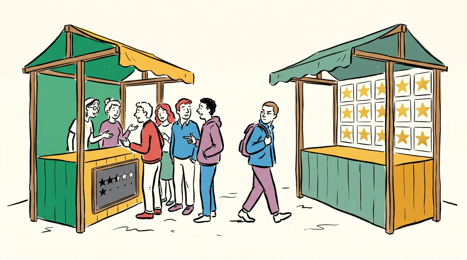 An ink drawing of two market stalls, one with a small chatting queue and mixed star ratings, the other empty and covered in identical gold star cards, with a passer-by joining the queue.