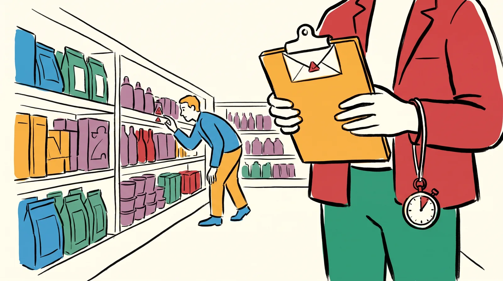 An ink drawing of a researcher with a clipboard and sealed envelope watching a stranger search a supermarket shelf for a new pack.