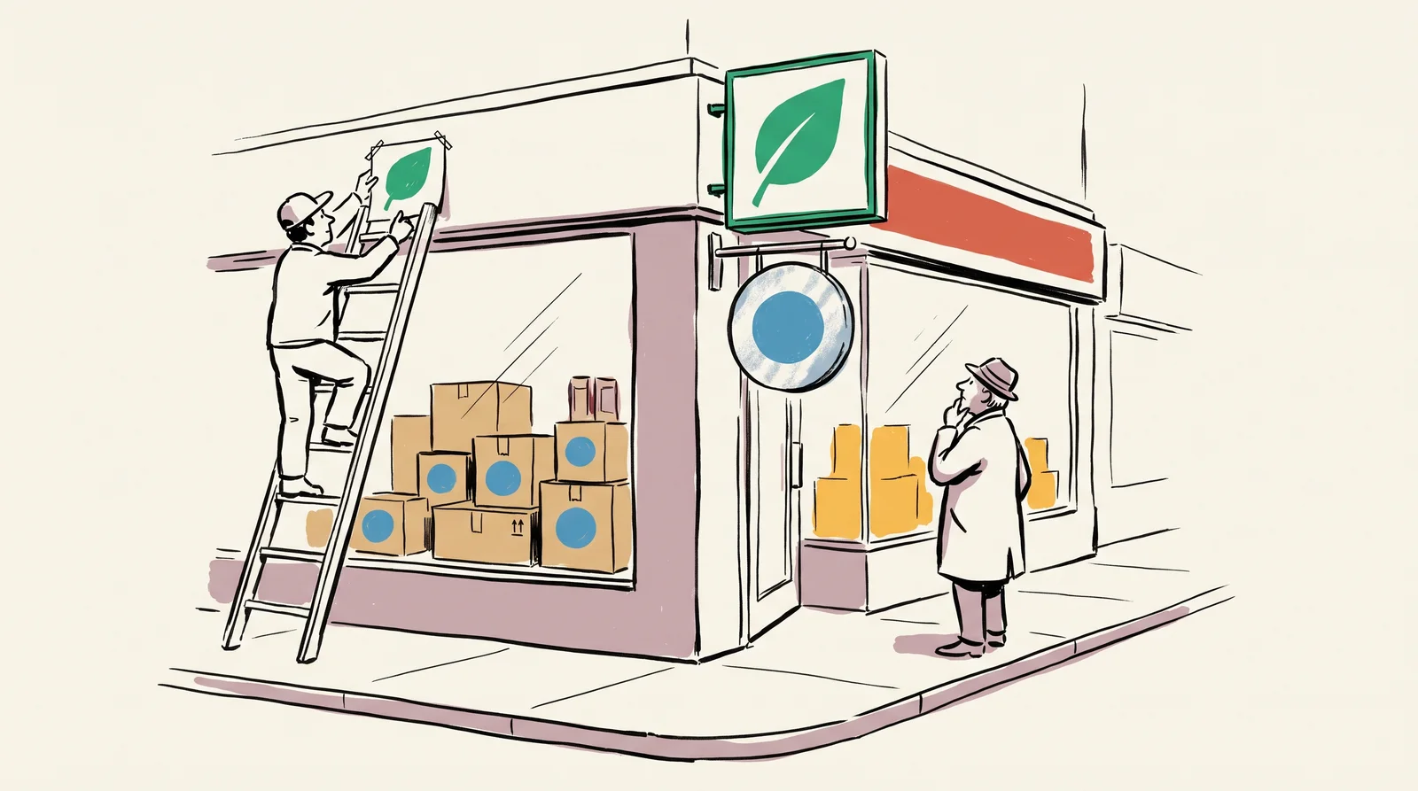An ink drawing of a corner shop where a worker on a ladder fixes a new leaf sign above an old circle sign, with old boxes in the window and a customer looking up at both.