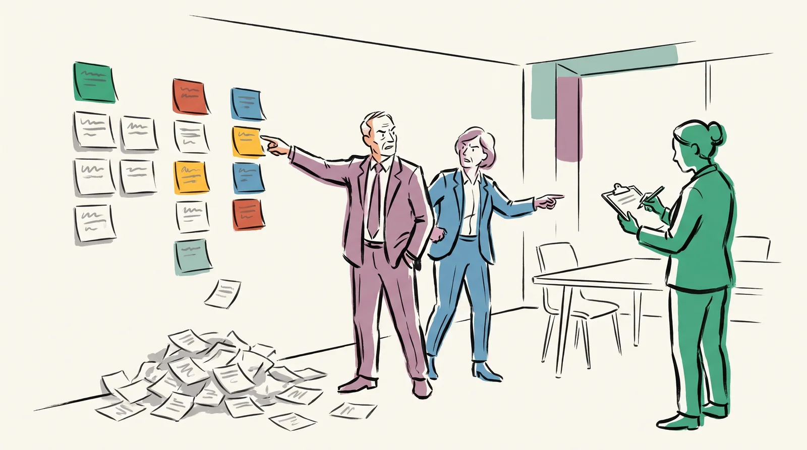 An ink drawing of a meeting room wall of sticky notes sorted into three columns above a heap of discarded notes, two people pointing at different notes while a facilitator writes on a clipboard.