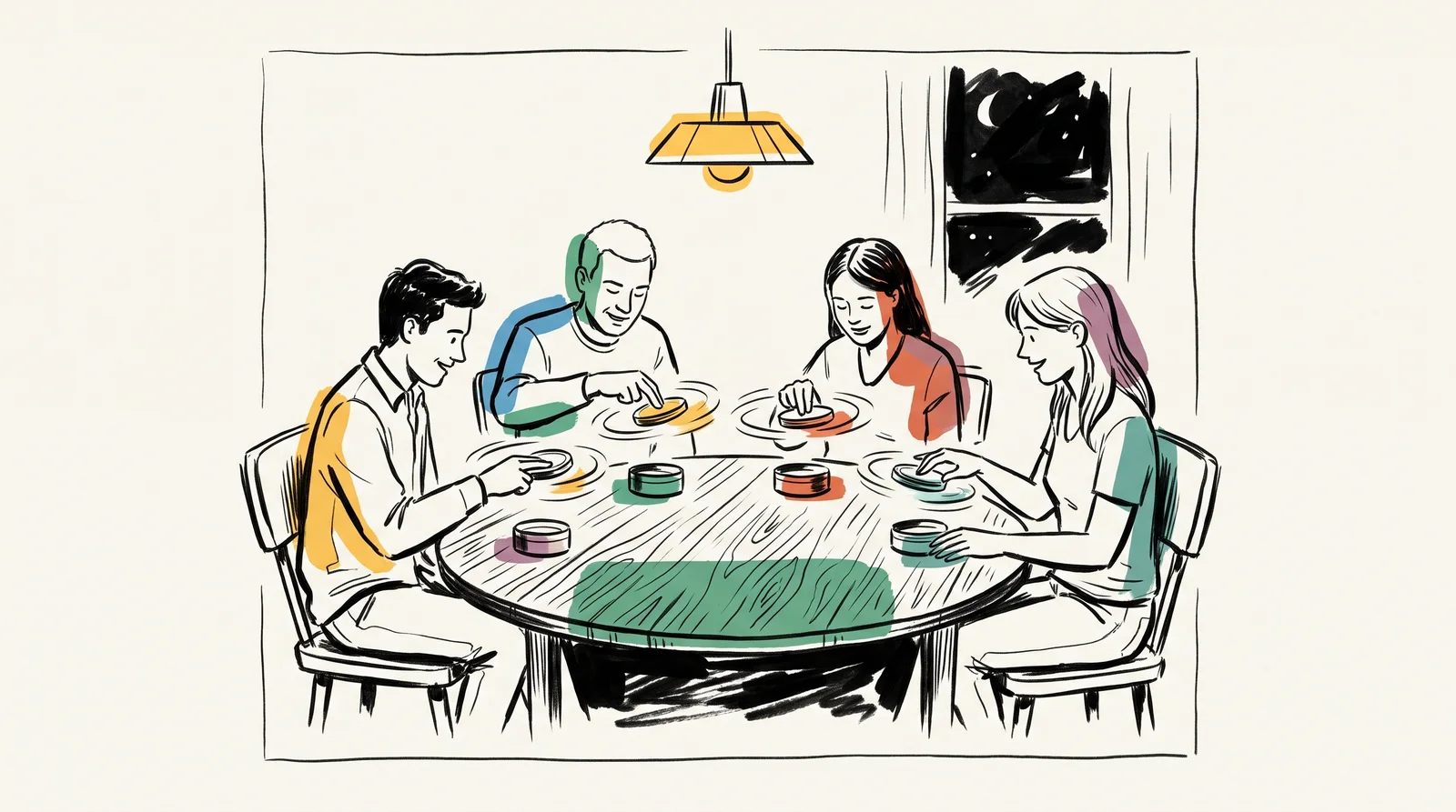 An ink drawing of four friends at a kitchen table spinning the round lids of the same small mint tins like coins before opening them.