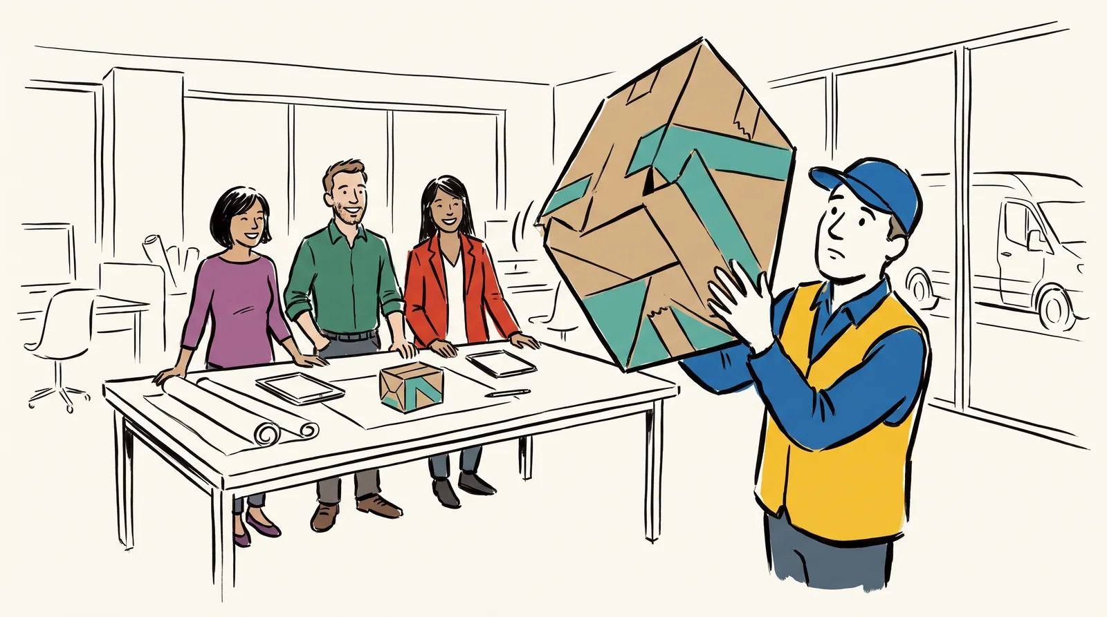 An ink drawing of three proud designers behind a table while a courier holds their new box upside down, puzzled about how it opens.