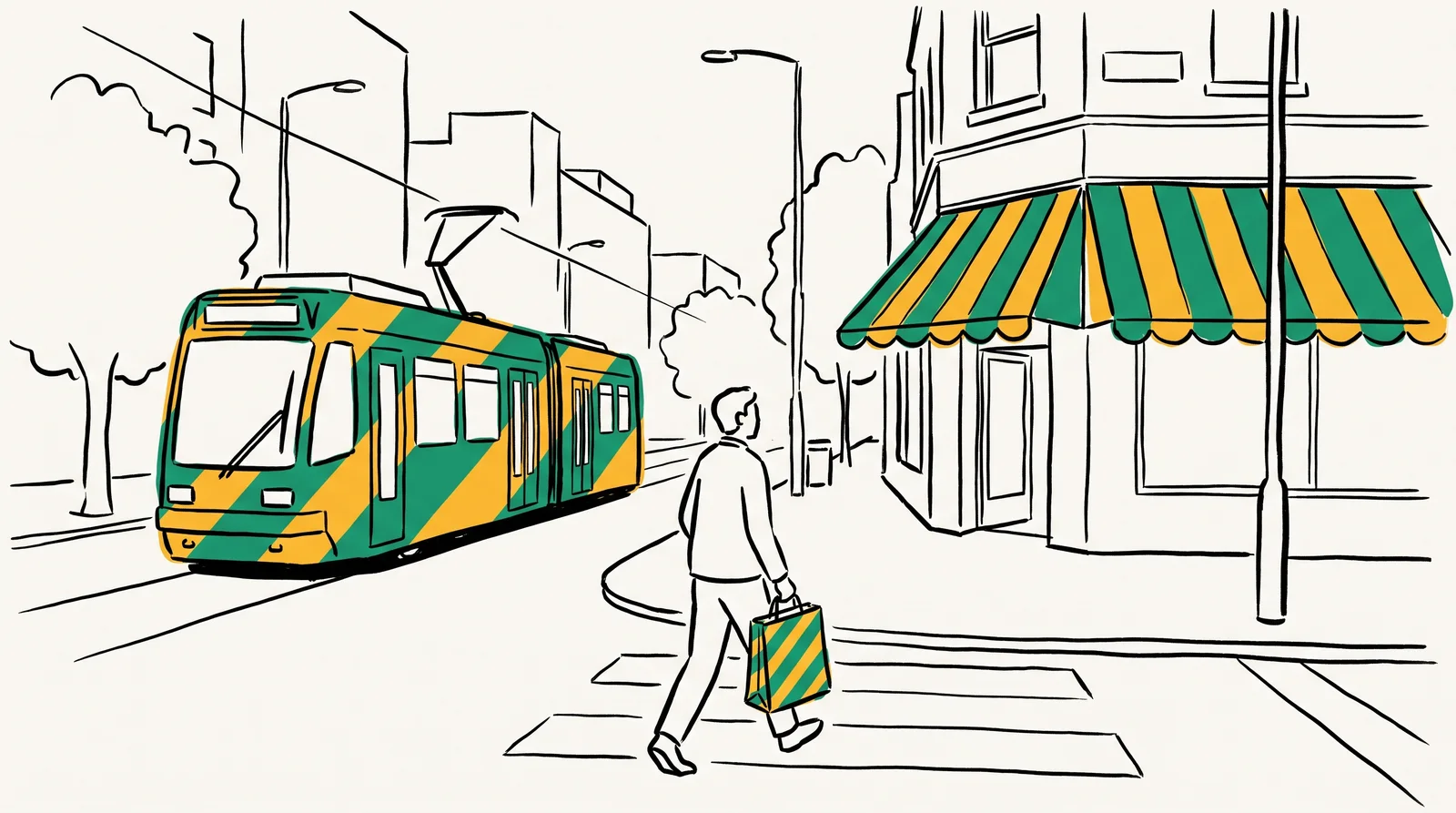 An ink drawing of a street corner where a tram, a shop awning and a pedestrian's bag all carry the same bold diagonal stripe, with no logo anywhere.