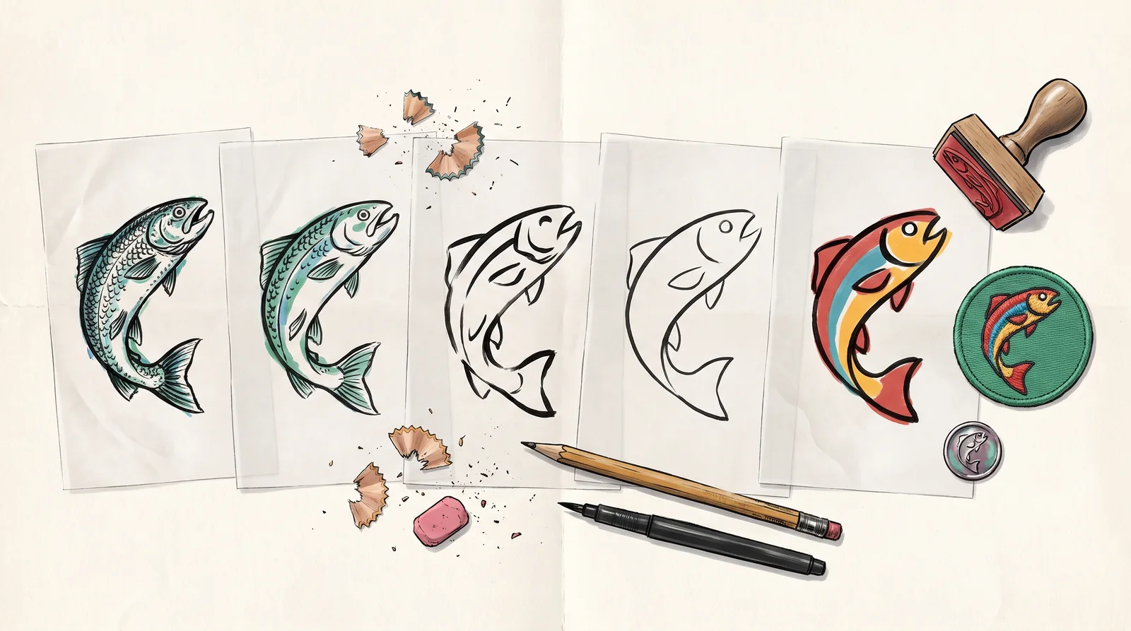 An ink drawing from above of five tracing-paper sheets showing a fish symbol growing simpler from left to right, ending beside a stamp, a patch and a small button carrying the final shape.