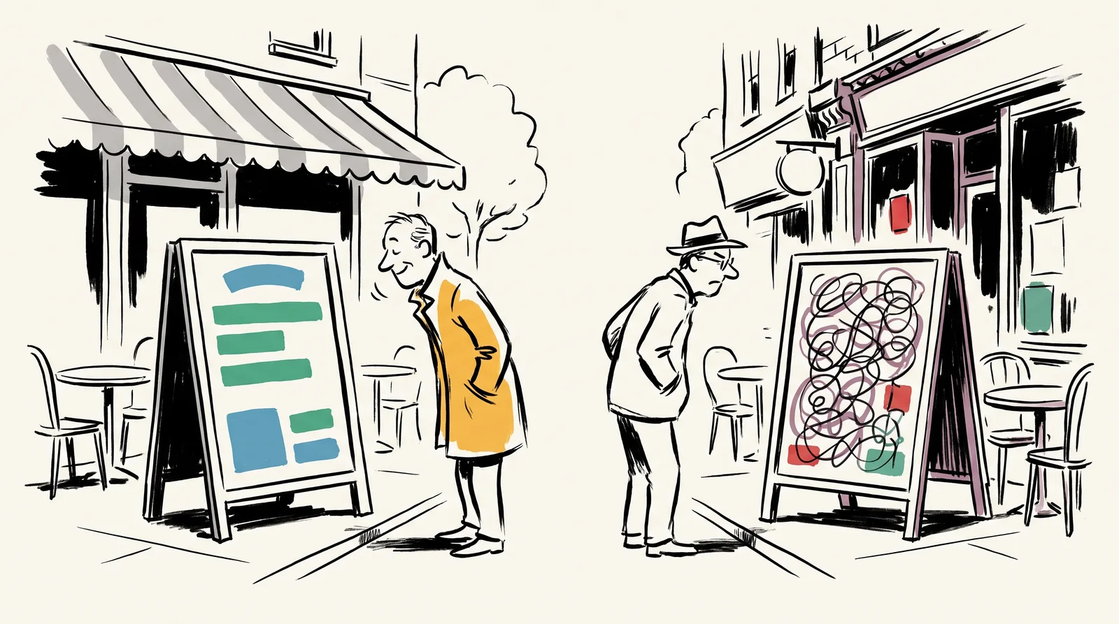 An ink drawing of two café chalkboards on a pavement, one set out in clear even bars and one crammed with tangled scribbles, with a passer-by nodding at the clear one.