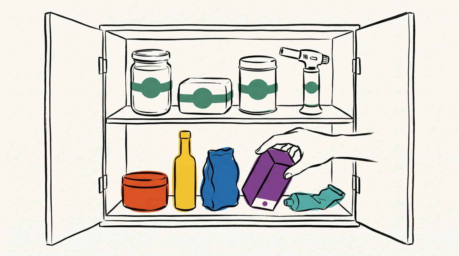 An ink drawing of a kitchen cupboard where the top shelf holds mixed products sharing one circle mark and the bottom shelf holds unrelated packs, one tipped over to show a small dot on its base.