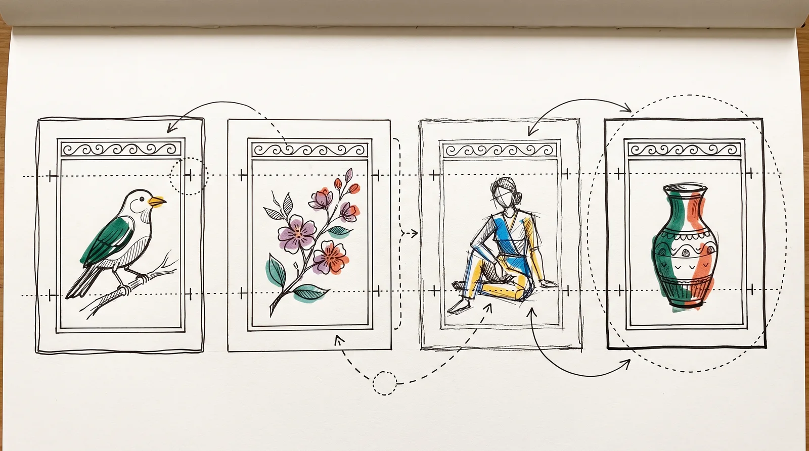 Four album pages with different pictures sit in a row, and dotted guide lines run across them showing their margins, ruled borders and scrollwork bands line up exactly.
