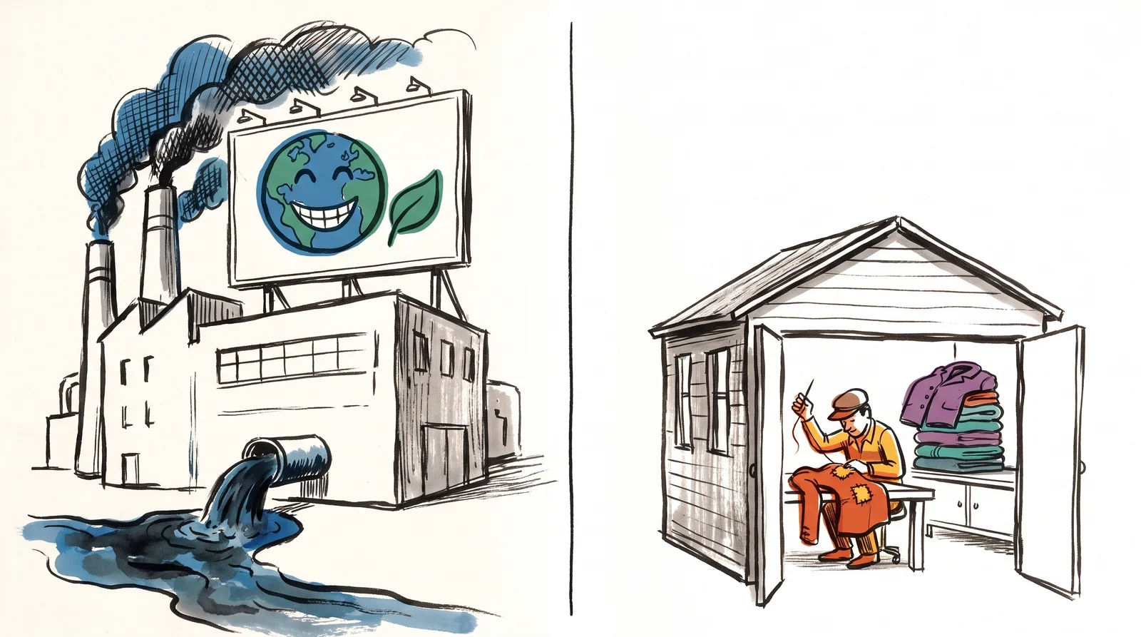 On the left a smoking factory carries a rooftop billboard of a smiling globe and leaf, and on the right a plain workshop worker stitches a patch on a torn jacket beside a pile of mended coats.