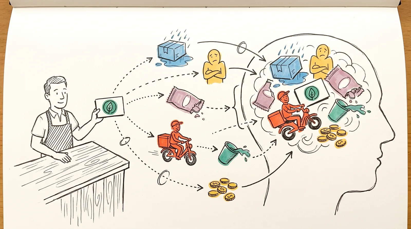 A shopkeeper holds up a small emblem on the left while dotted arrows carry a rained-on parcel, a shrugging friend, a torn pack and other everyday things into a large drawn head on the right.
