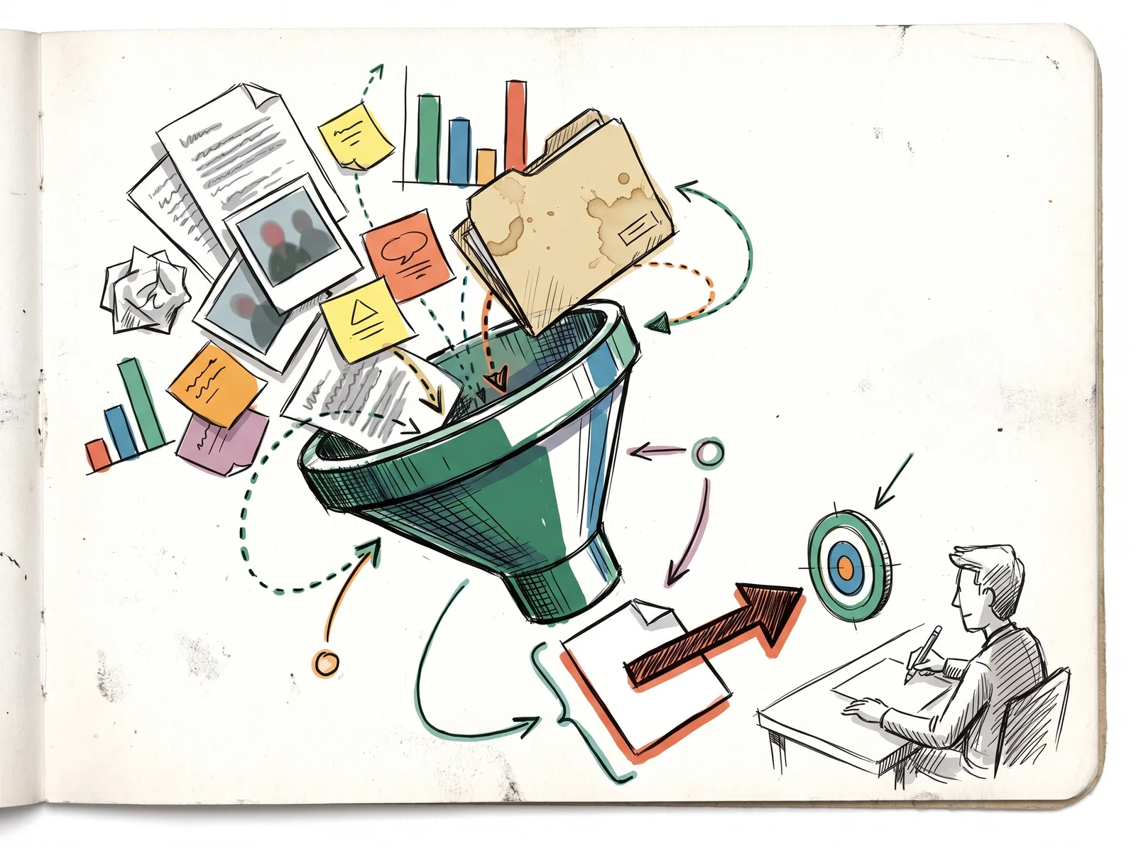 A heap of pages, photos, notes and charts pours into a funnel whose spout releases one clean sheet with an arrow pointing to a target, beside a designer at a desk.