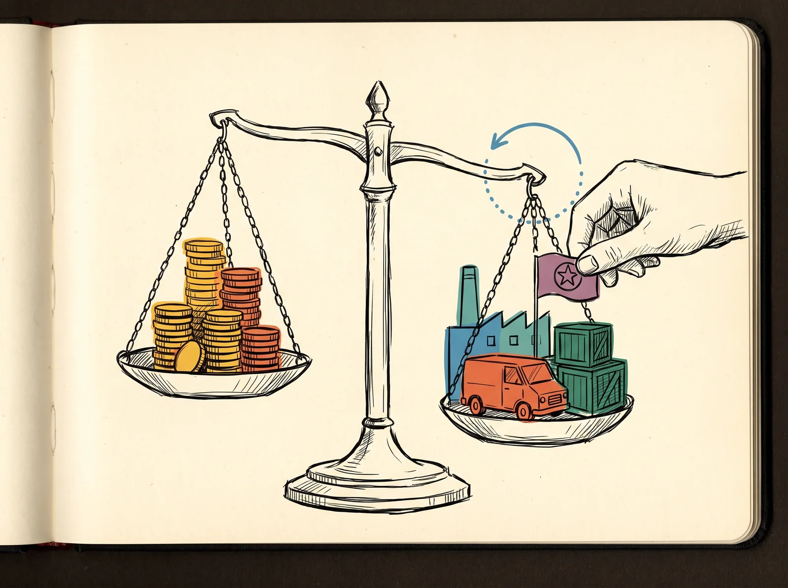 A balance scale holds a heap of coins on one pan and a factory, van and crates on the other, with a small flag bearing a simple emblem added to bring the pans level.