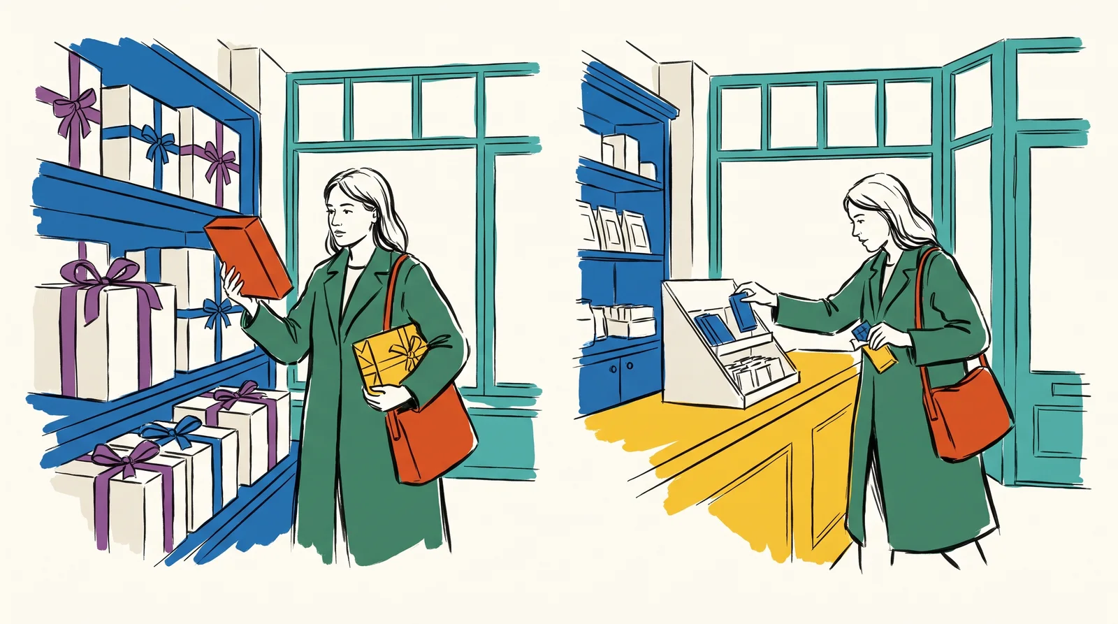 In two panels, one woman in a sweet shop carefully chooses a large ribboned gift box on the left and grabs a small bar by the till on the right.
