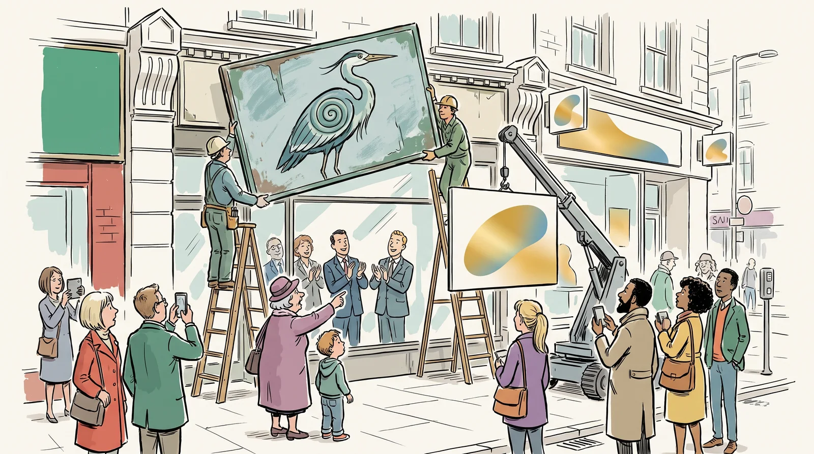 Workers lower an old heron sign and a crane lifts a gold gradient sign over a shop, while customers on the pavement look confused and one woman points at the heron.